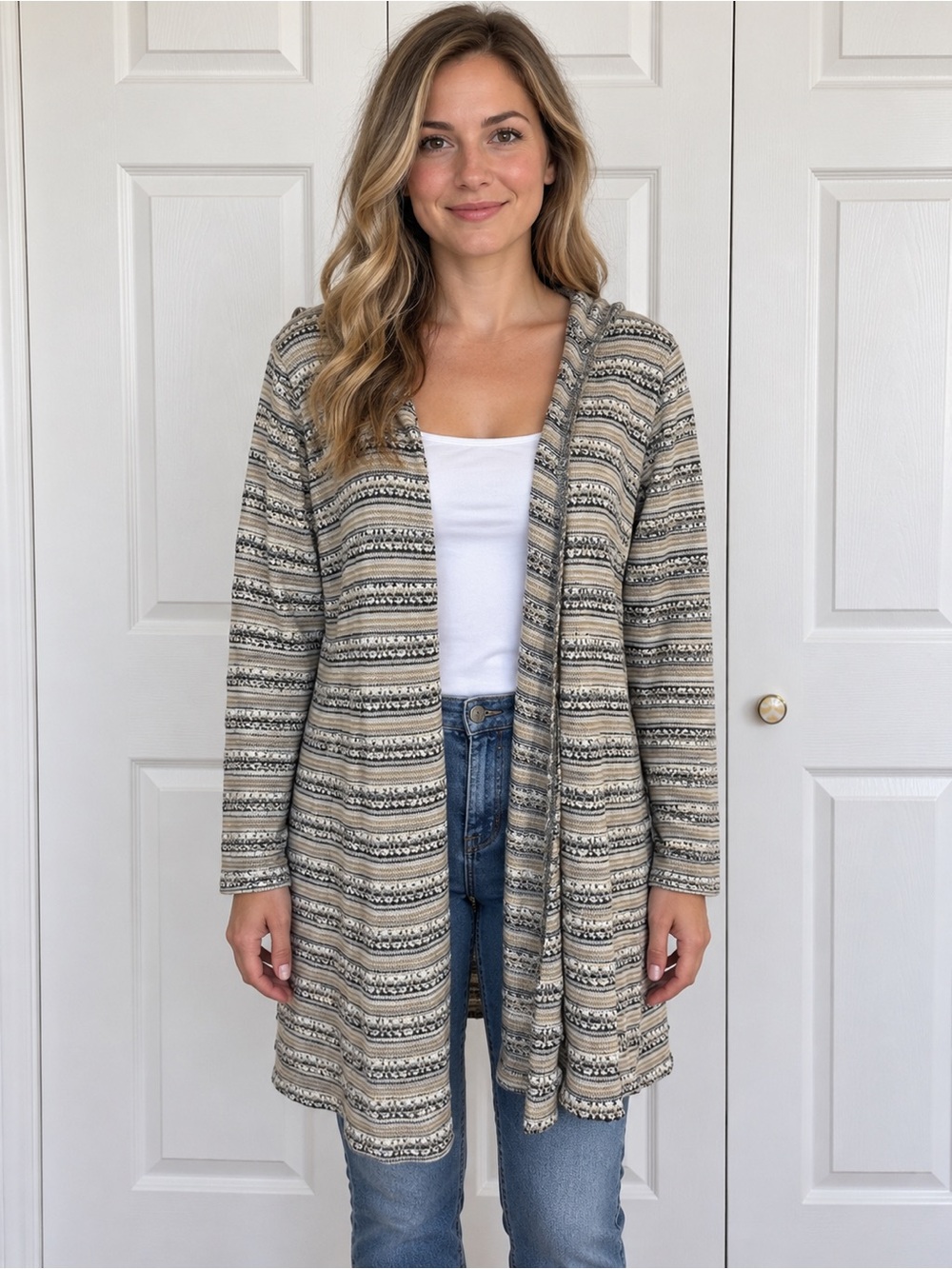 Say What? Women’s Large Hooded Open Front Striped Long Knit Cardigan USA